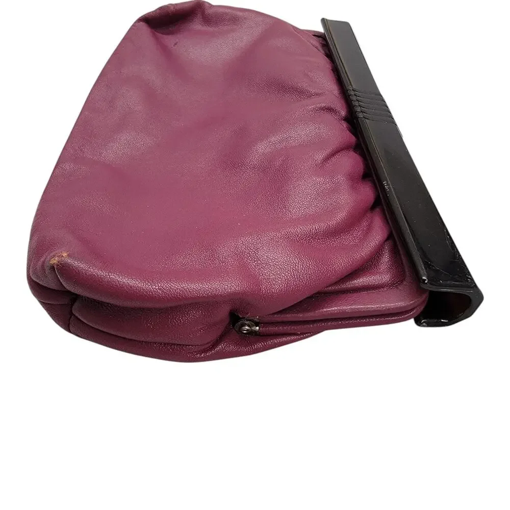 Vintage Lord & Taylor Plum Leather Clutch Bag Made in Italy Black Frame